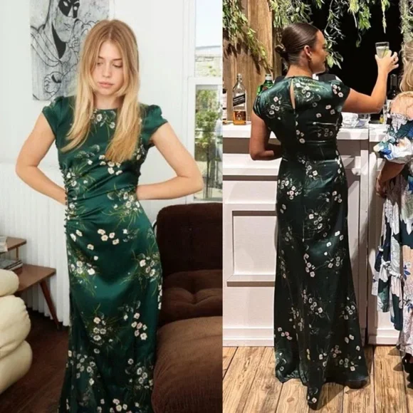 Reformation Birch Ruched Floral-Print Silk-Charmeuse Maxi Dress Green 12 Rare - Picture 4 of 9